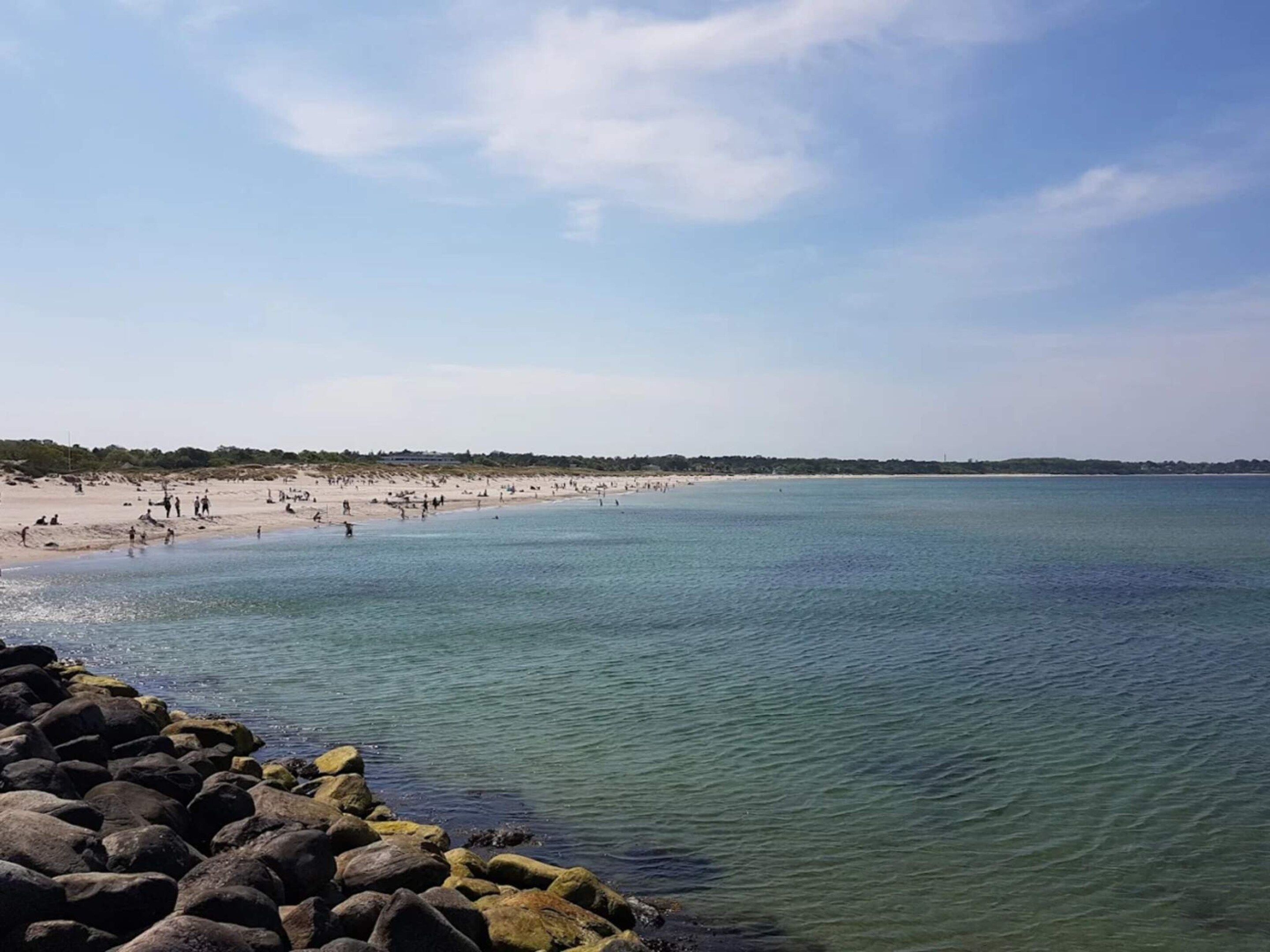 Una playa con agua cristalina, costa rocosa y árboles a lo lejos.