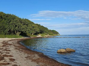 Egy homokos parttal, sziklás kiemelkedéssel és erdős dombbal rendelkező strand.