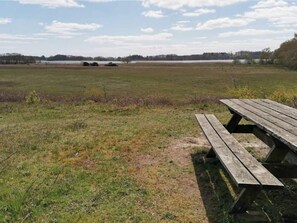 Ein Picknicktisch in einem grasbewachsen Feld, im Hintergrund ein See und Bäume.