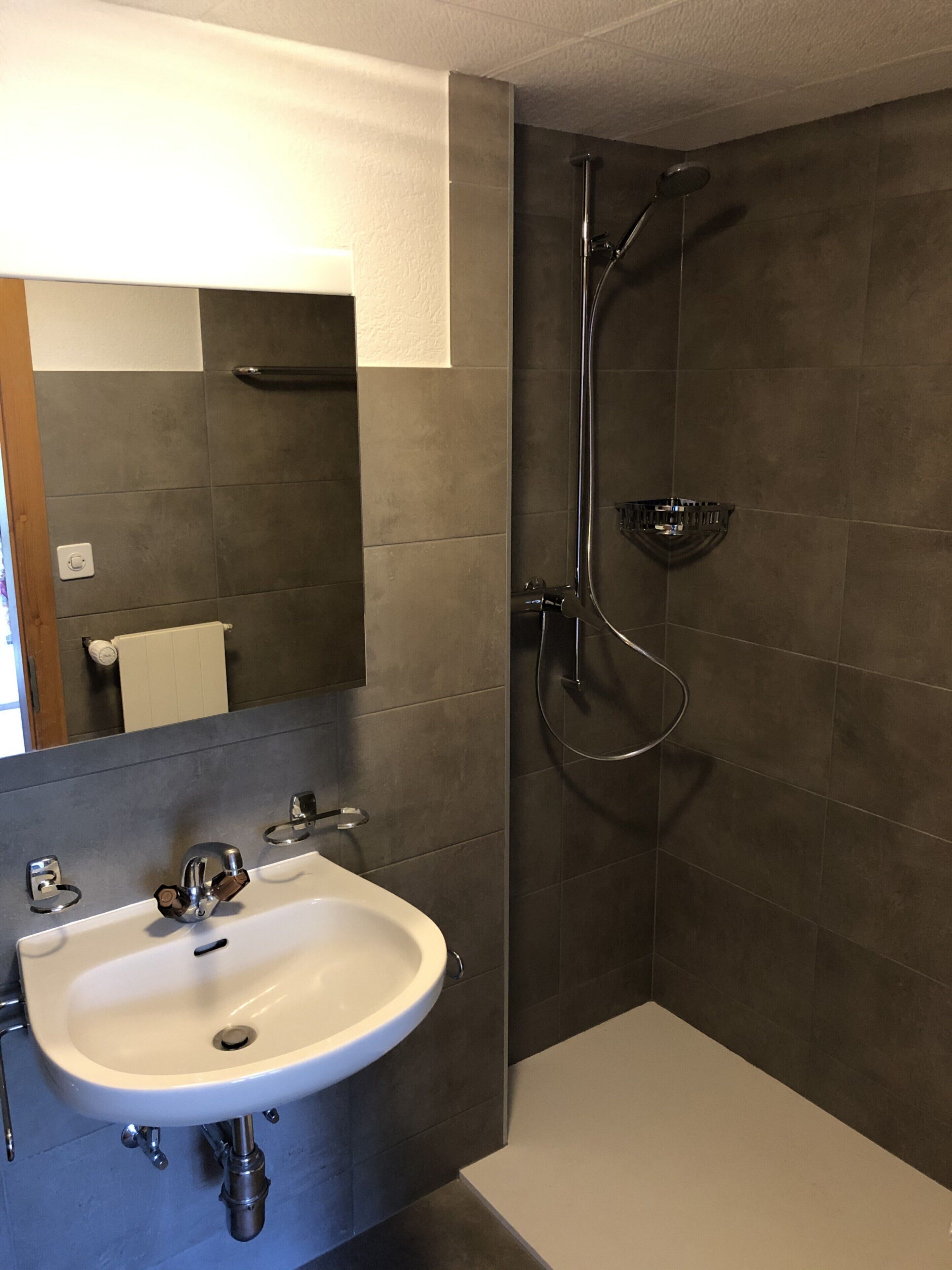 Une salle de bain moderne avec un lavabo blanc, une douche équipée d’un pommeau de douche à main et d’un grand miroir.