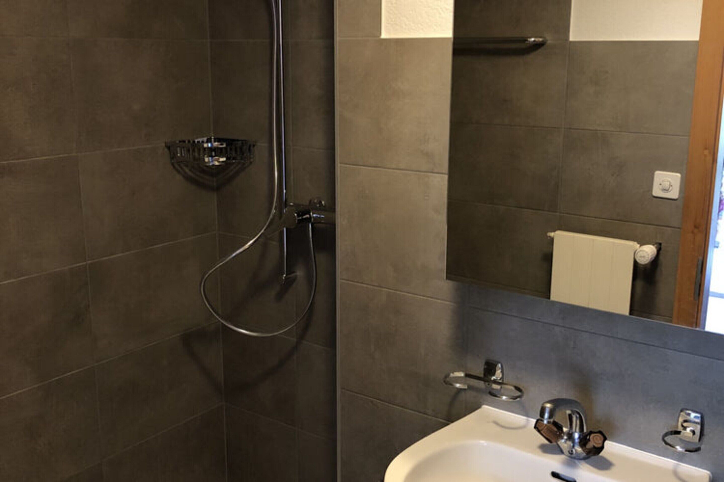 A modern bathroom with a shower, a sink, and a mirror.