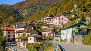 A hillside village with traditional buildings, a road, and a mountain backdrop. - Mountain Views In Camedo (Centovalli)