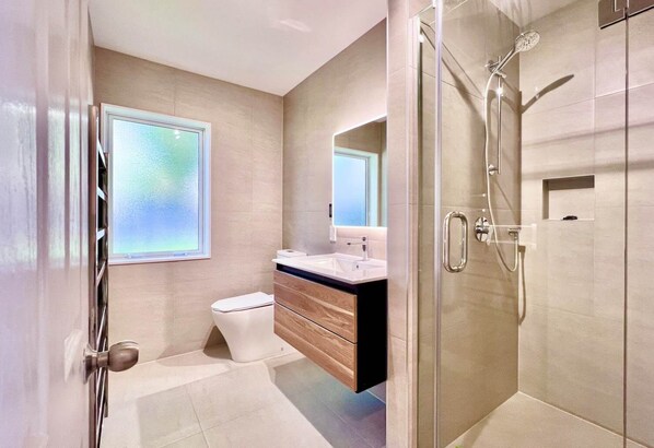 Shower, towels, toilet paper