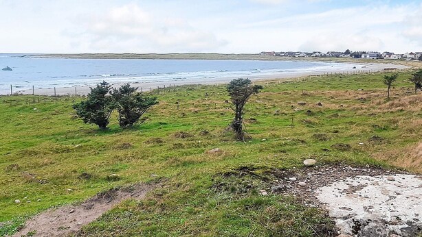 Un paysage côtier avec un champ d’herbe, un sentier rocheux et une plage en arrière-plan.