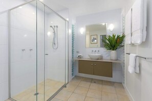Shower, hair dryer, towels, shampoo