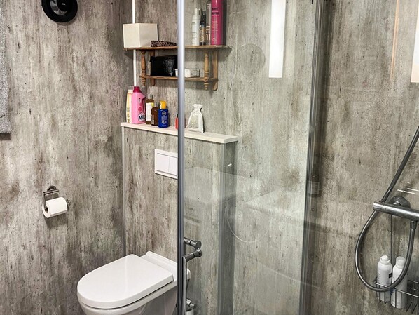 Un baño moderno con ducha de vidrio, inodoro y repisas con artículos de tocador.