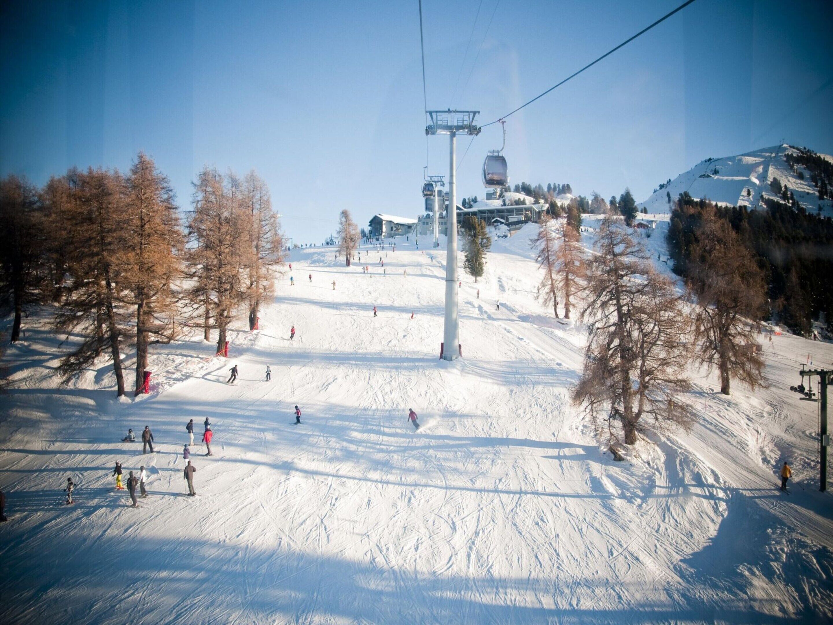 A ski slope with a cable car system, trees, and a clear sky.
