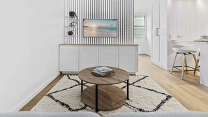 A modern living room with a white wall, a large window with blinds, a round wooden coffee table, and a white sofa. - Studio4: Bondi Chic Interiors with Rooftop Pool (Bondi Junction)