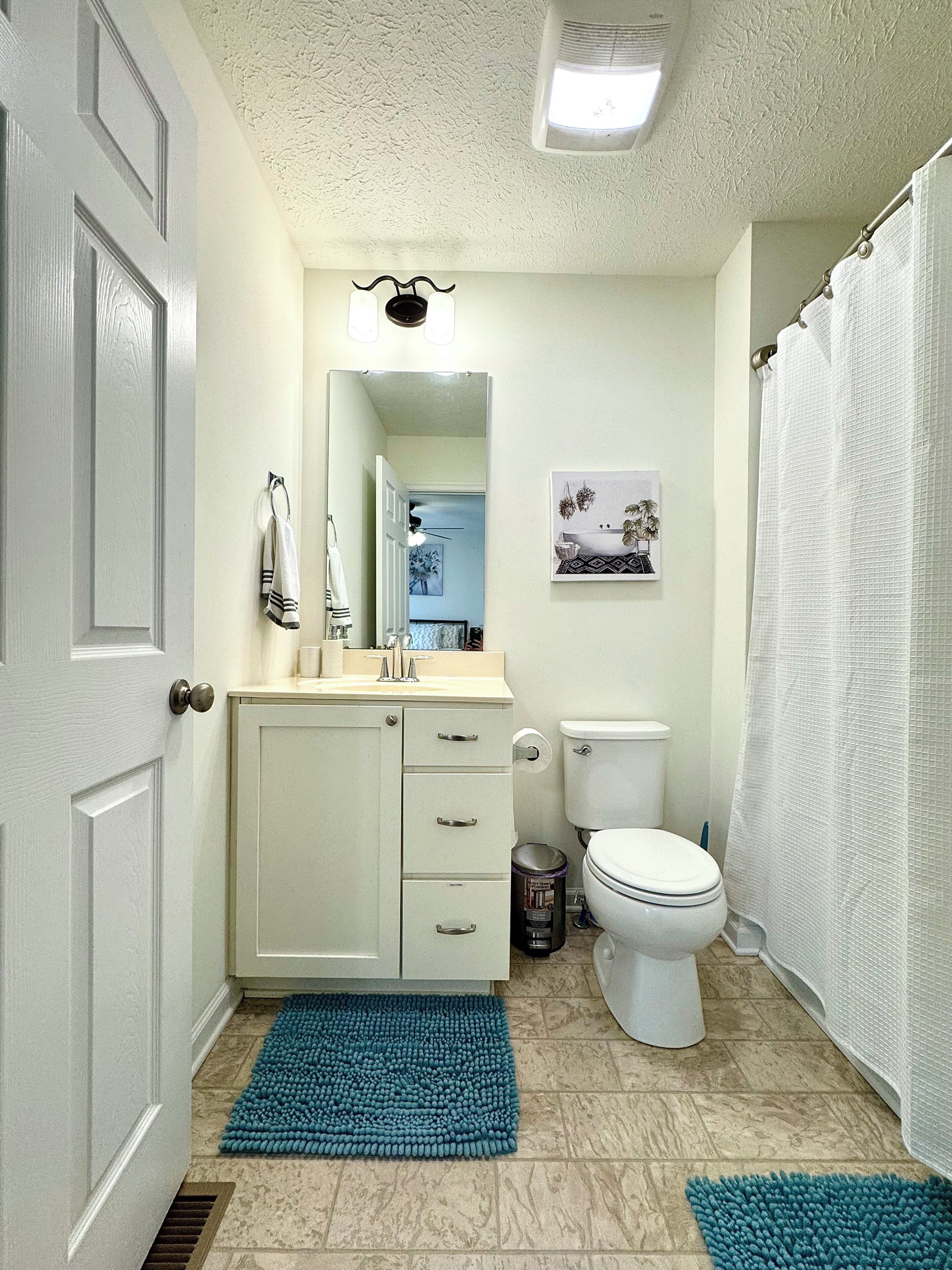 Une salle de bain équipée de toilettes, d’un lavabo, d’un meuble de rangement et d’un rideau de douche.