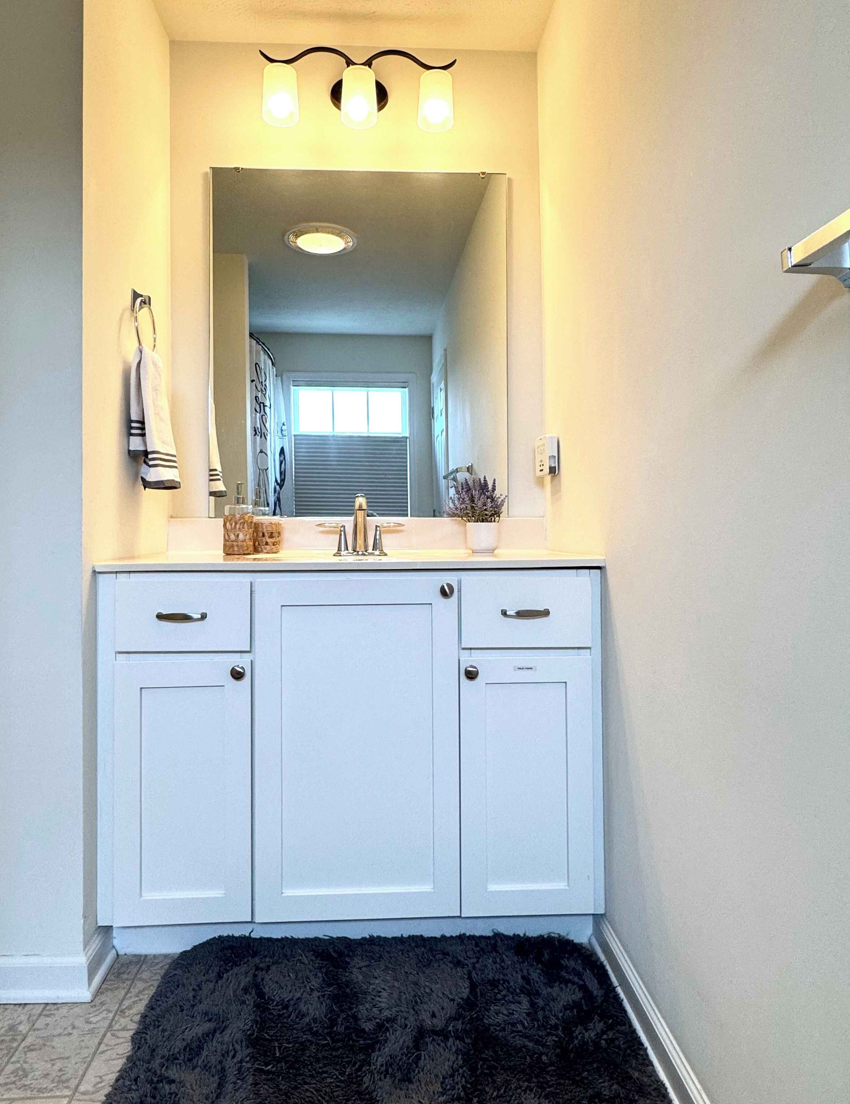 A bathroom with a white vanity, a mirror, and a black rug.