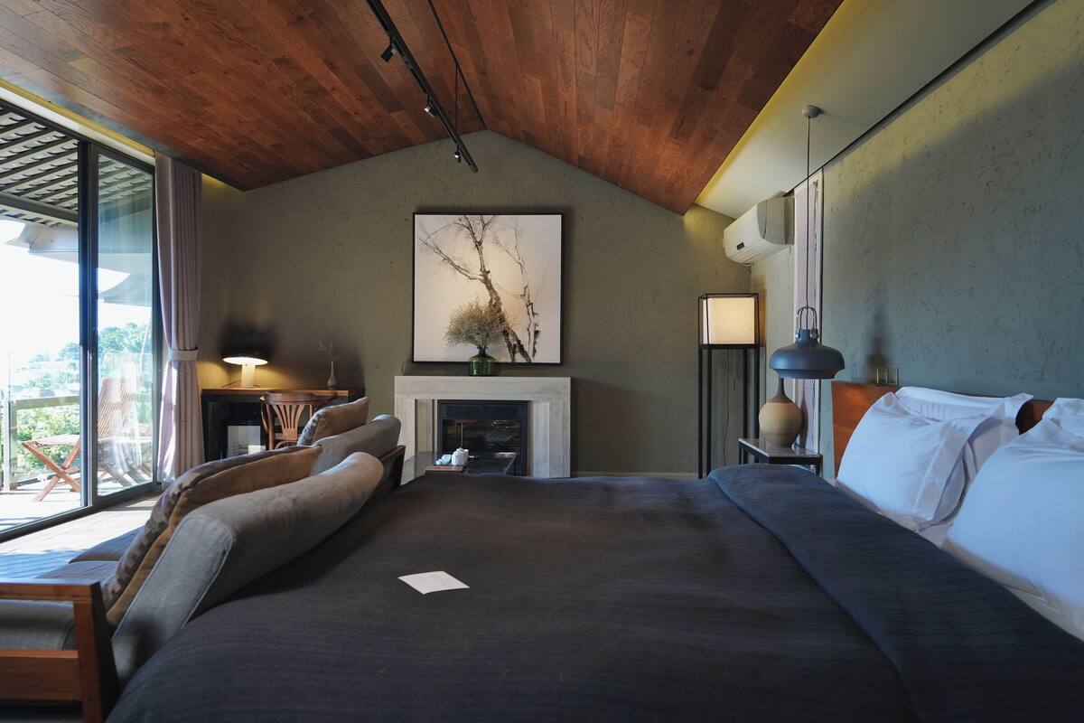 A modern bedroom with a large bed, a fireplace, and a view of the outdoors.
