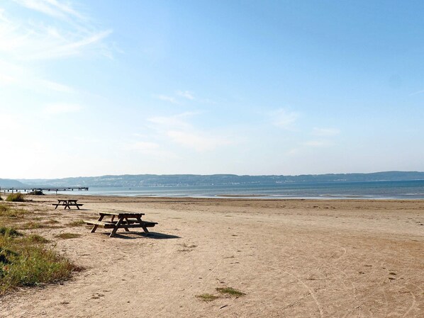 Una playa con mesas de picnic y un muelle al fondo.