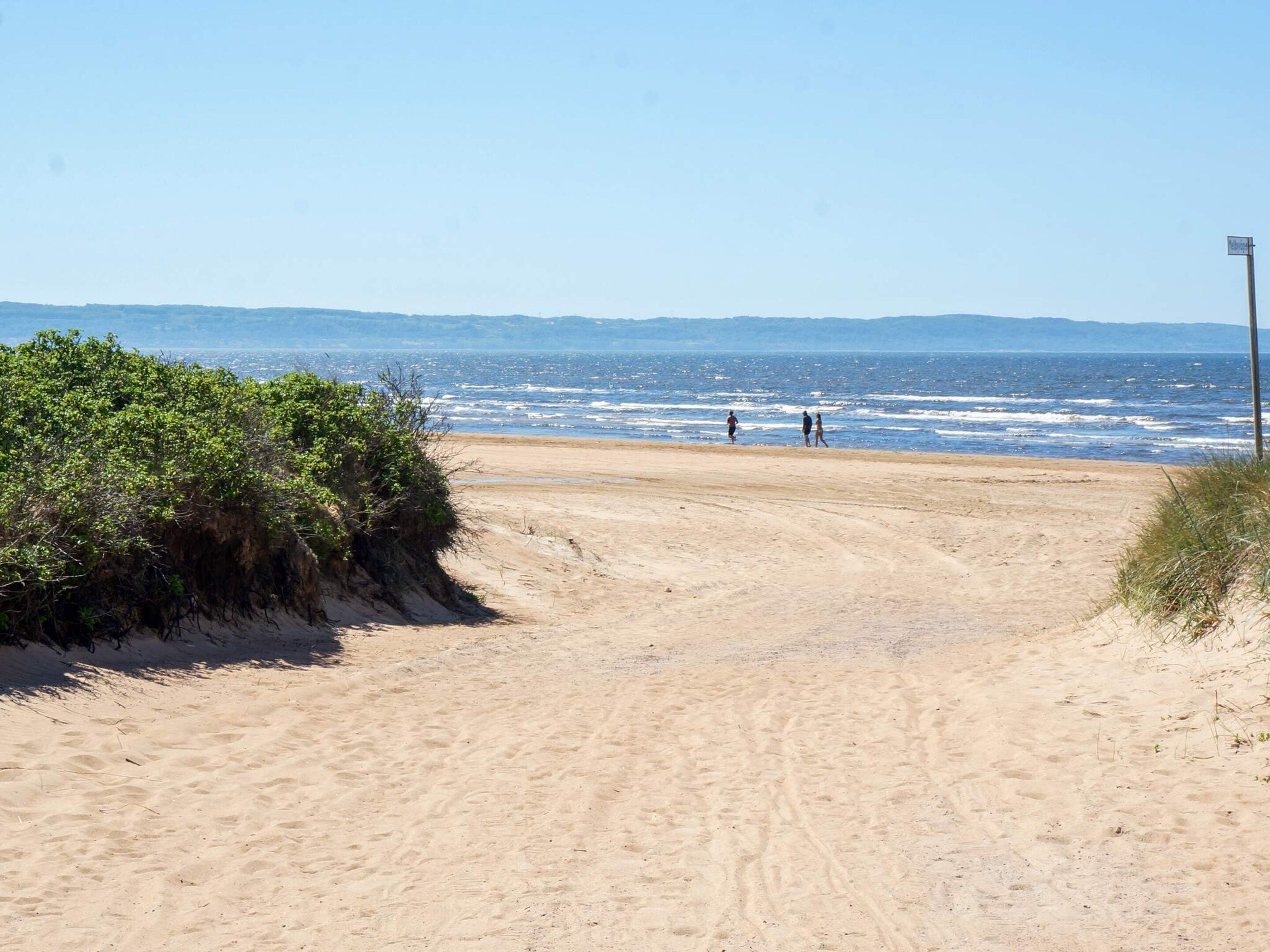 A sandy beach path leading to the ocean with a clear sky.