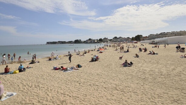 Una playa concurrida donde gente se toma el sol y nada.