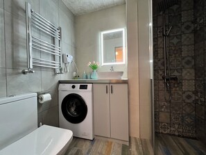 Secadora de cabello, toallas, jabón, papel de baño 