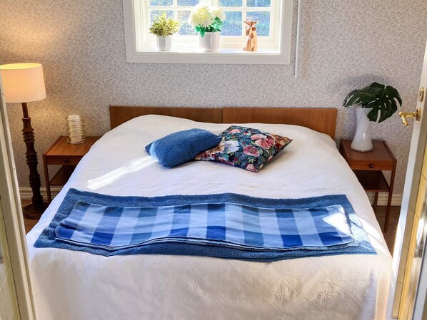 A neatly made bed with a blue checkered blanket, a floral pillow, and a blue pillow. There is a window with plants on the sill, a bedside table with a lamp, and a nightstand with a plant. - 6 Person Holiday Home in Hagby (Ljungbyholm)