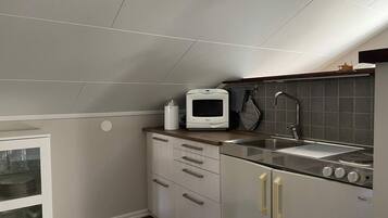 A compact kitchen with a built-in microwave, a sink, and a stove.