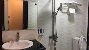 Une salle de bain moderne équipée d’un lavabo, d’un miroir, d’une douche et de toilettes.