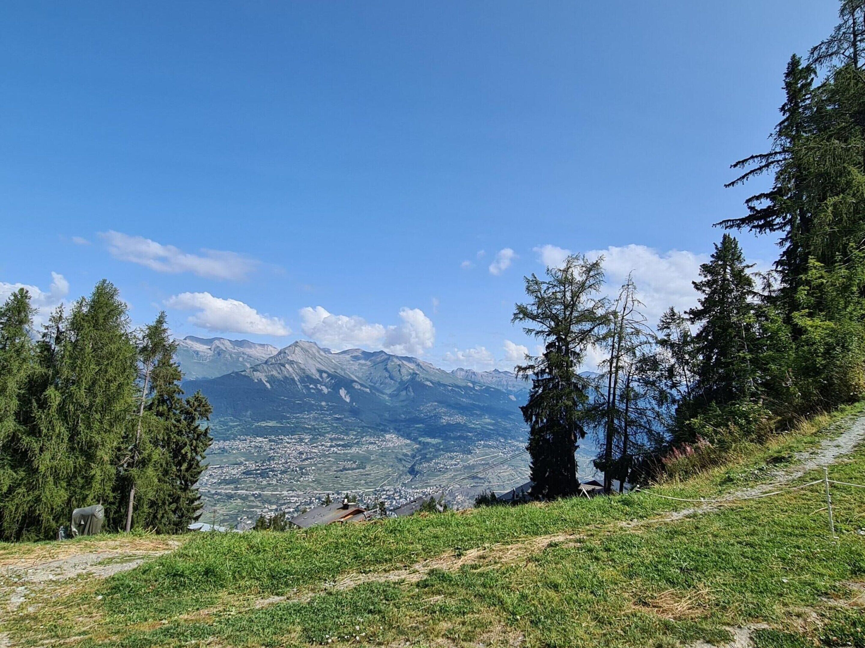 A mountain landscape with a clear sky, a path, and a few trees.