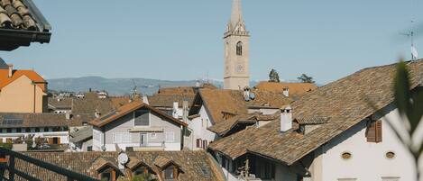A town with traditional architecture, including a prominent church tower and various buildings with tiled roofs.