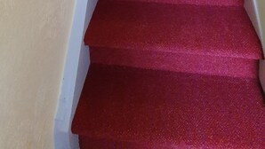 A carpeted staircase with a handrail, a light switch, and a door at the top.