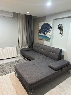 A modern living room with a grey sectional sofa, a radiator, a grey rug, and a painting of a tree. - new arcadia taksim (Istanbul)
