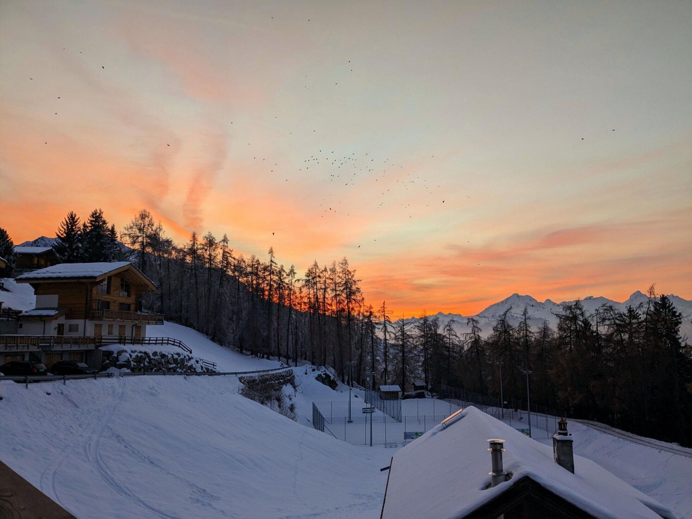 Un paysage de montagne enneigé, avec un chalet en bois et une piste de ski.