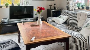 Un salon avec un téléviseur, une table basse, un canapé à rayures et un vase décoratif rempli de fleurs.