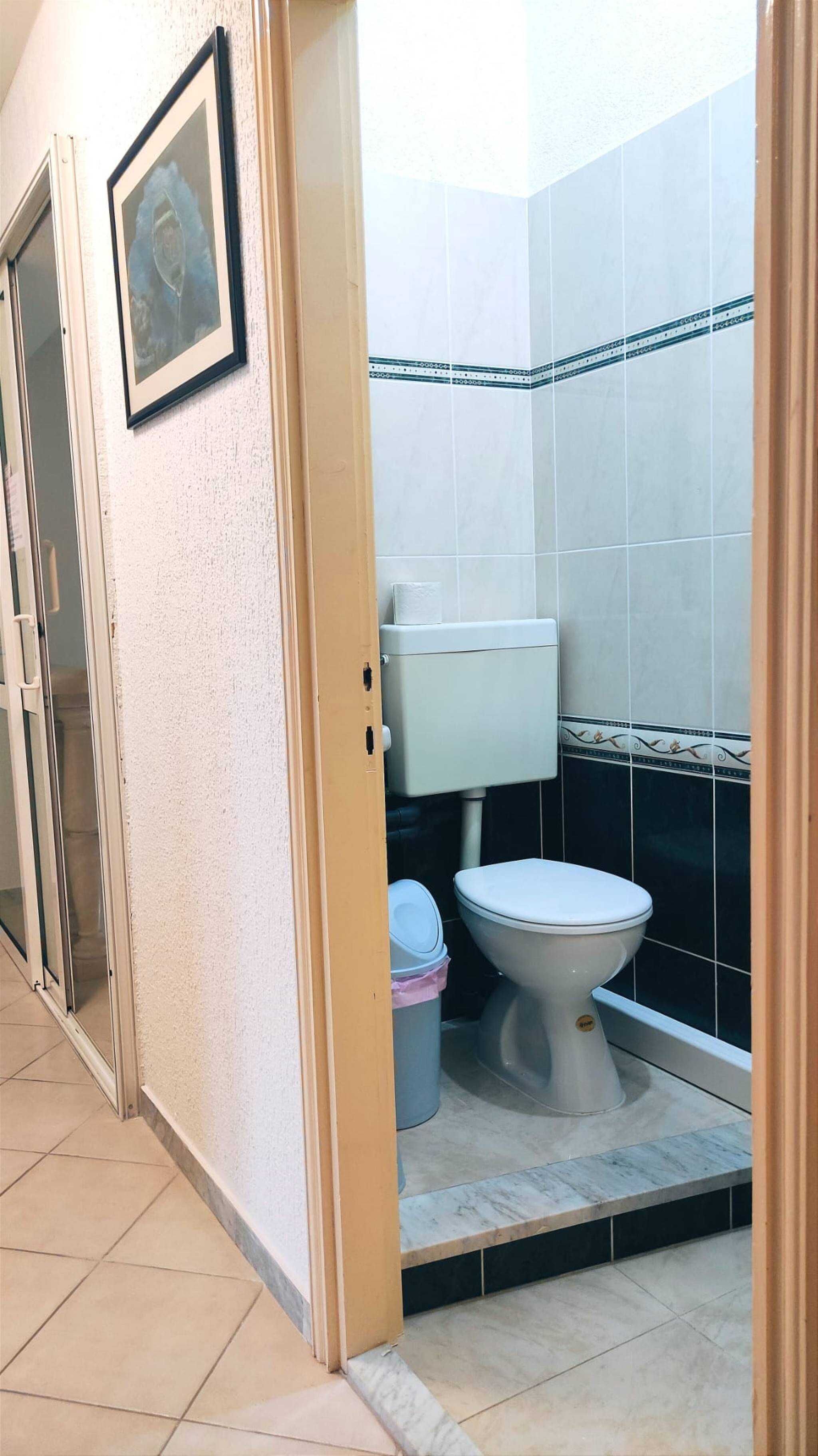 Une petite salle de bain étroite, avec des toilettes, une poubelle et un tableau encadré au mur.