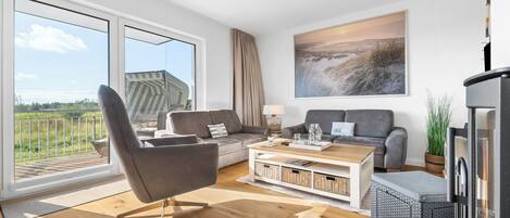 TV, fireplace, video library