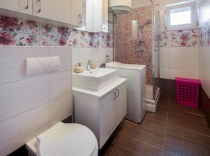 Un bagno con il water, lavandino, lavatrice e doccia.
