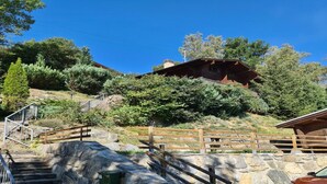 A stone staircase leading to a wooden cabin on a hillside, surrounded by lush greenery. - Chalet With Garden and Mountain View (Vex)