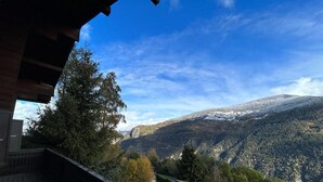 A view from a balcony overlooking a mountainous landscape with snow-capped peaks and dense forest. - Chalet With Garden and Mountain View (Vex)