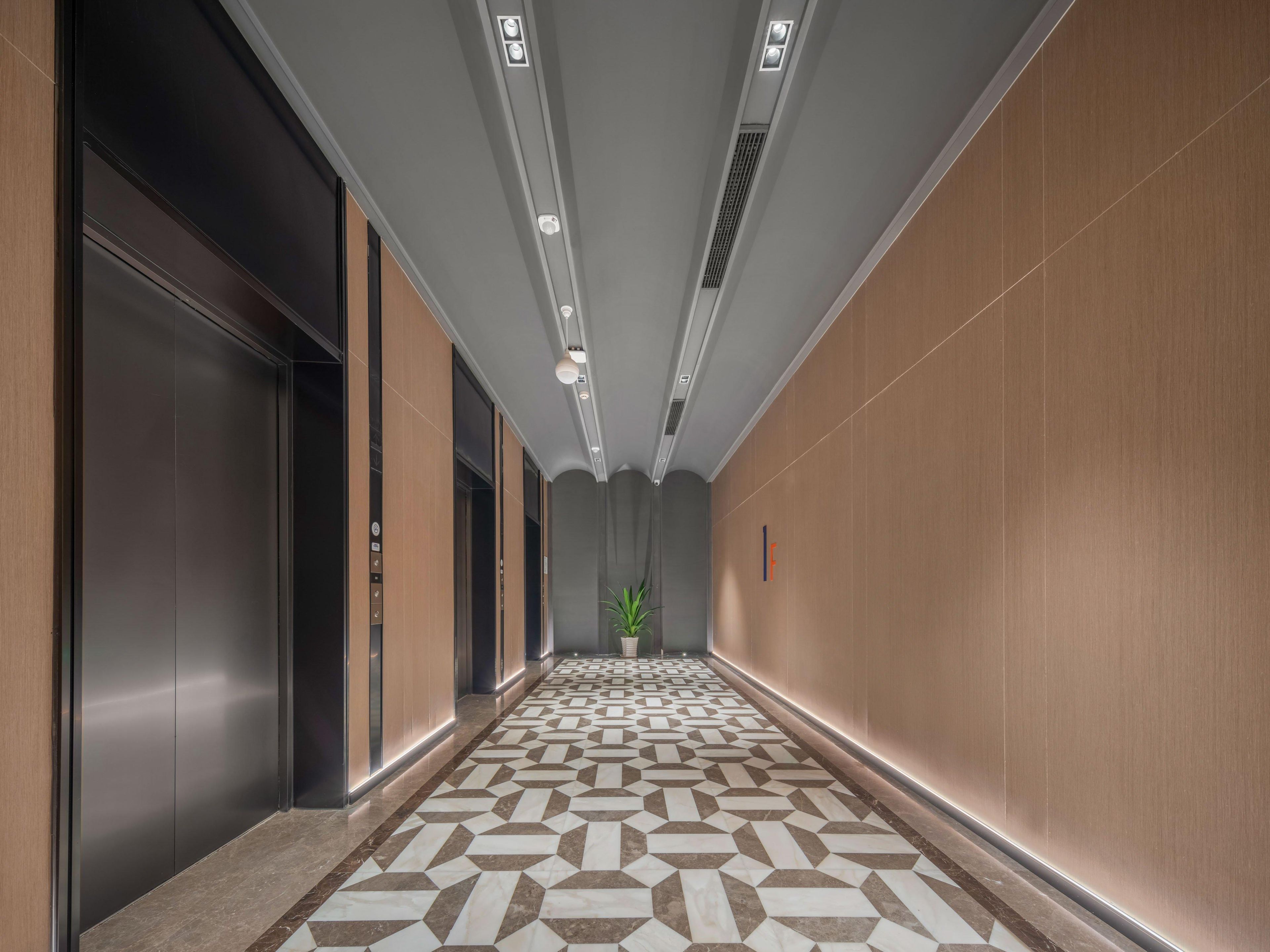 A modern hallway with elevators, patterned floor tiles, and a potted plant.
