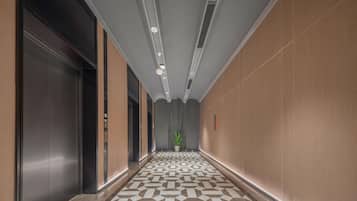 A modern hallway with elevators, patterned floor tiles, and a potted plant.