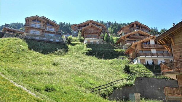 A cluster of wooden chalets on a hillside with a clear sky.