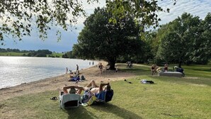 Ett grönområde med en sjö, träd och människor som kopplar av.