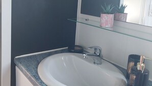 Een badkamer met een witte wastafel, een glazen plank met potplanten, en een spiegel boven de wastafel.