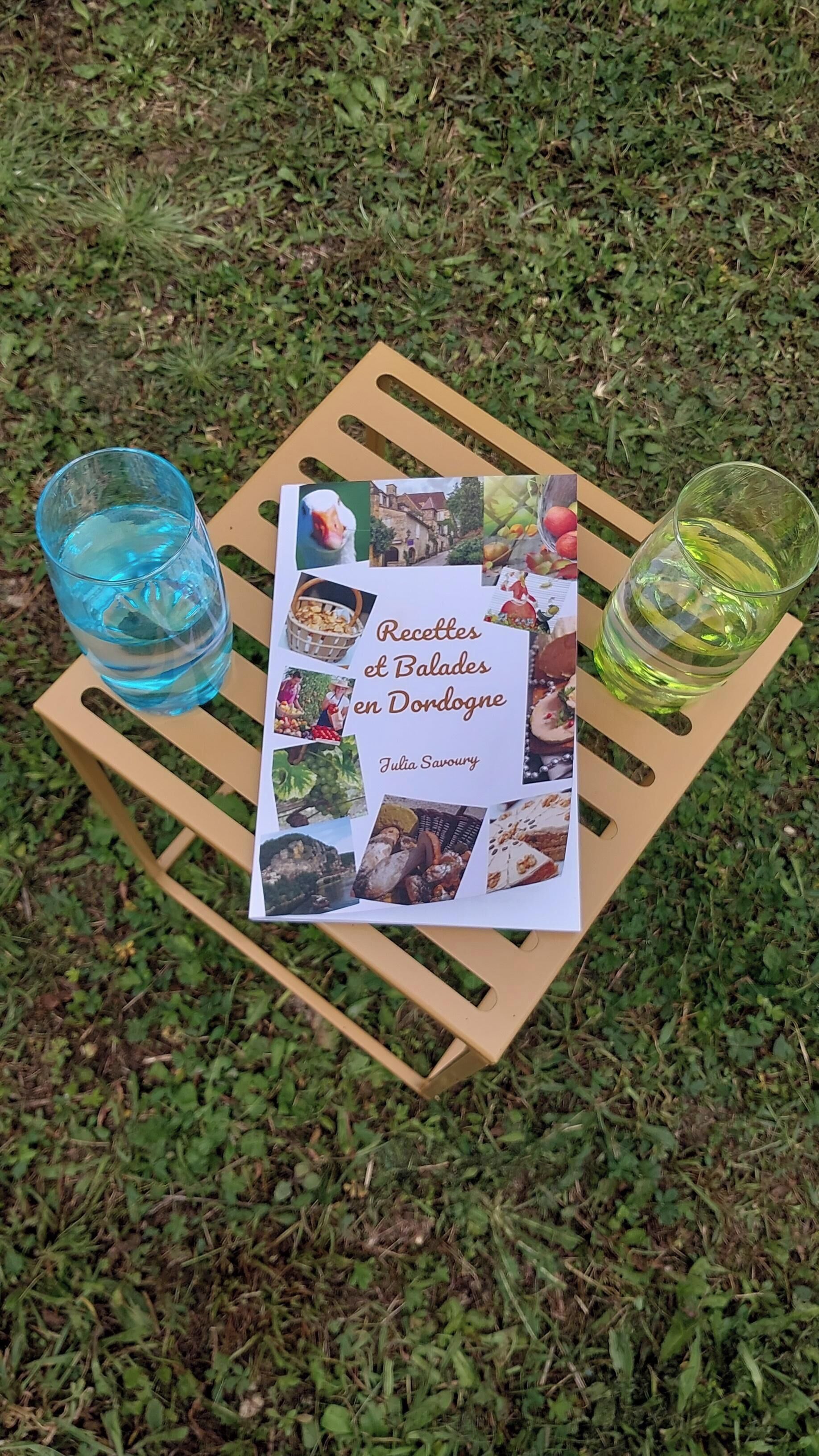 Een tafel met een boekje getiteld 'Recettes et Balades en Dordogne' van Julia Savoury, twee glaasjes water en een grasachtige achtergrond.