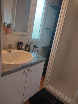 Douche, sèche-cheveux, serviettes fournies, papier toilette