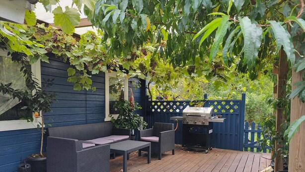 Une terrasse en bois avec un barbecue, des meubles en osier et une clôture bleue.