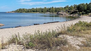 Ein Strand mit klarem Wasser, sandigem Ufer und bewaldeter Landschaft im Hintergrund.