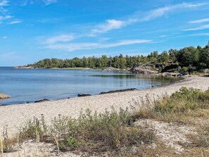 Une plage à l’eau claire, avec un rivage sablonneux et une zone boisée en arrière-plan.