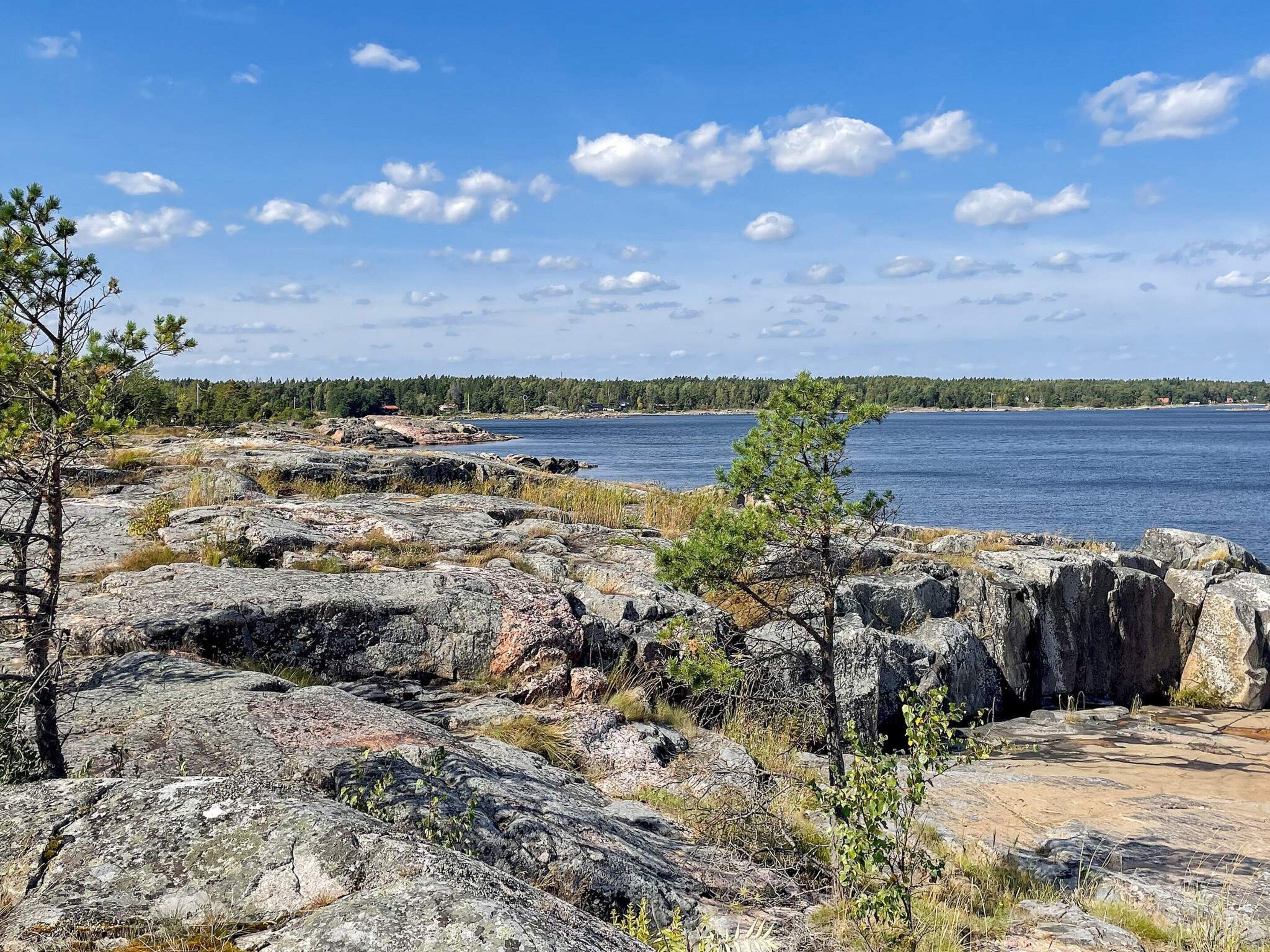 A rocky shoreline with a clear view of a calm body of water and a forested landmass in the distance.