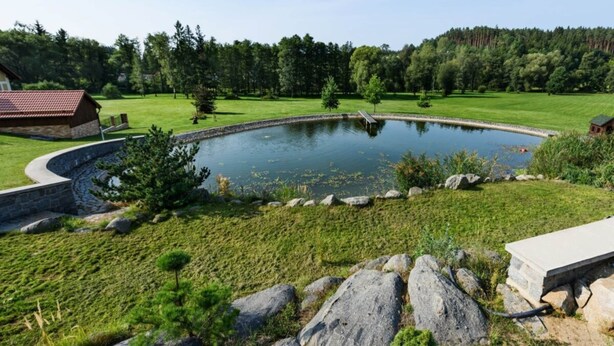 A pond with a stone border, surrounded by a grassy area with trees and a small building in the background. - Beautiful Villa With Activities (Varvažov)