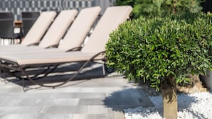 Un espace aménagé au bord de la piscine, avec des chaises longues et une végétation soigneusement entretenue.