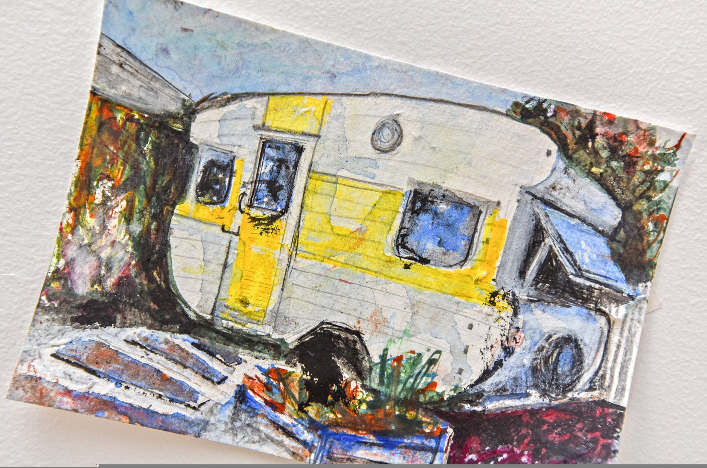 A painting of a vintage camper van with a yellow door and windows, set against a colorful background.
