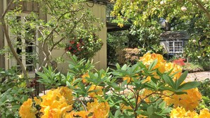Un jardin avec des fleurs jaunes et un bâtiment avec un toit rouge.