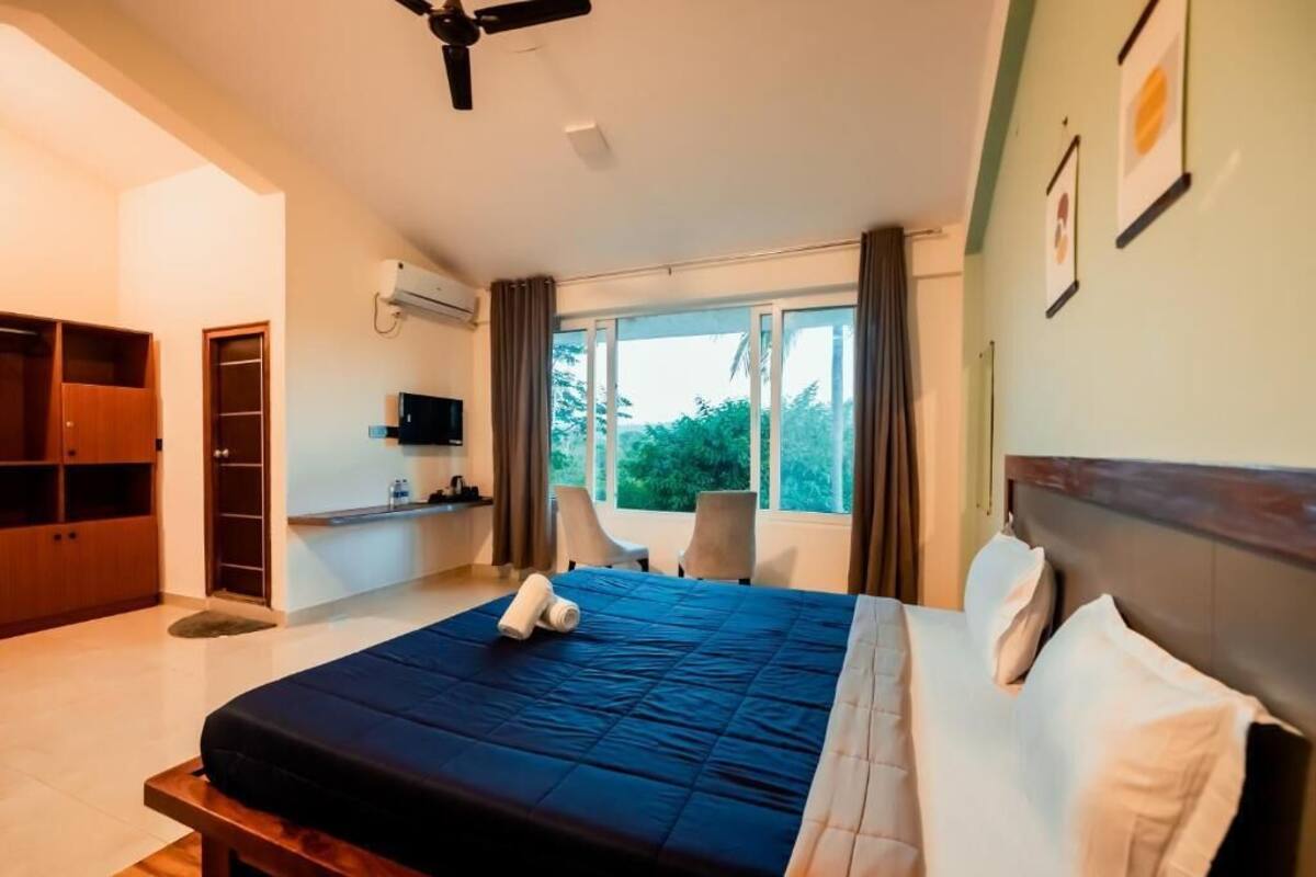 Camera d'albergo con un letto, una ventola a soffitto, una TV, una finestra con tende e un armadio.