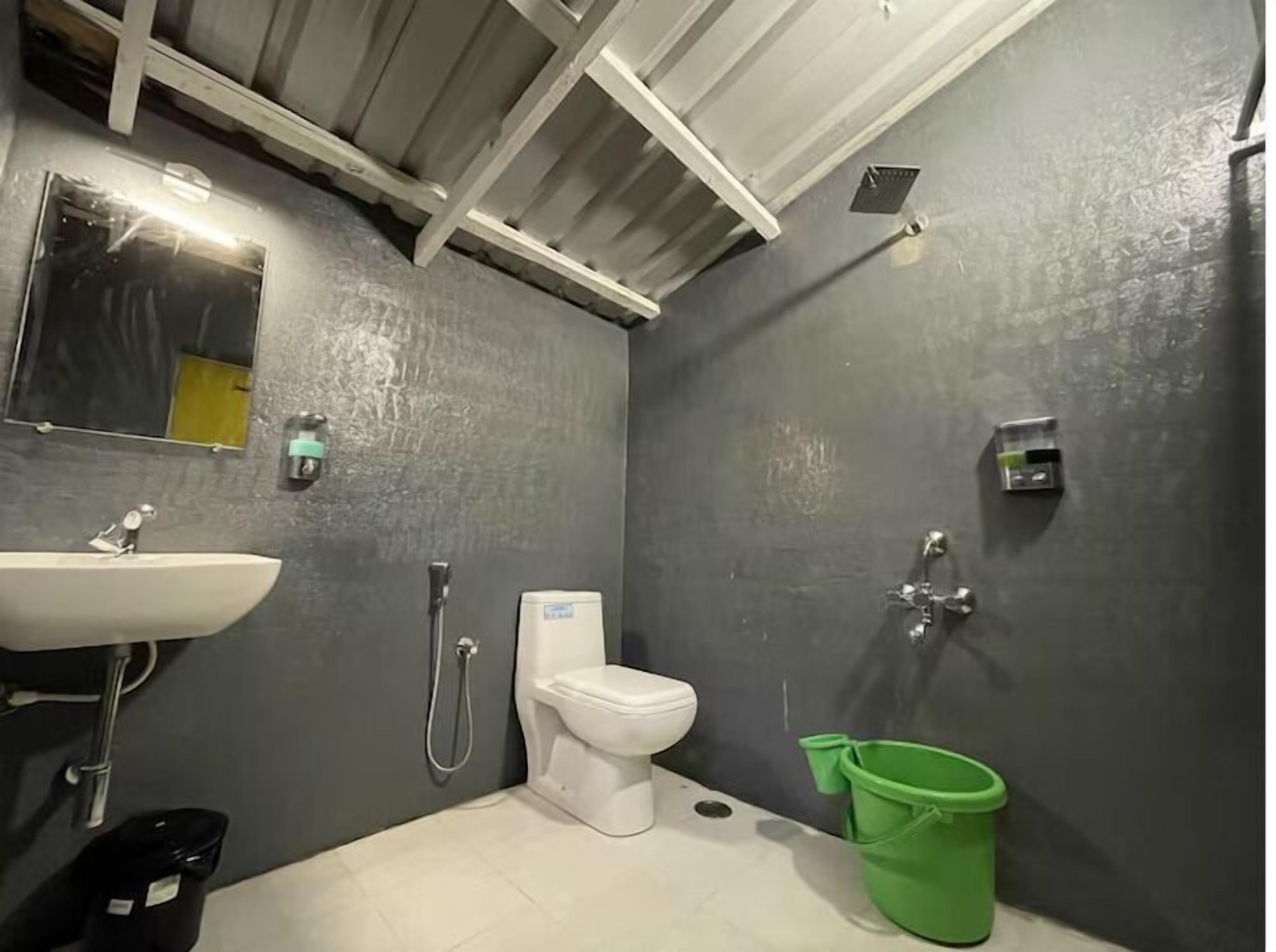 Een kleine badkamer met een wit wastafel, toilet en douche.